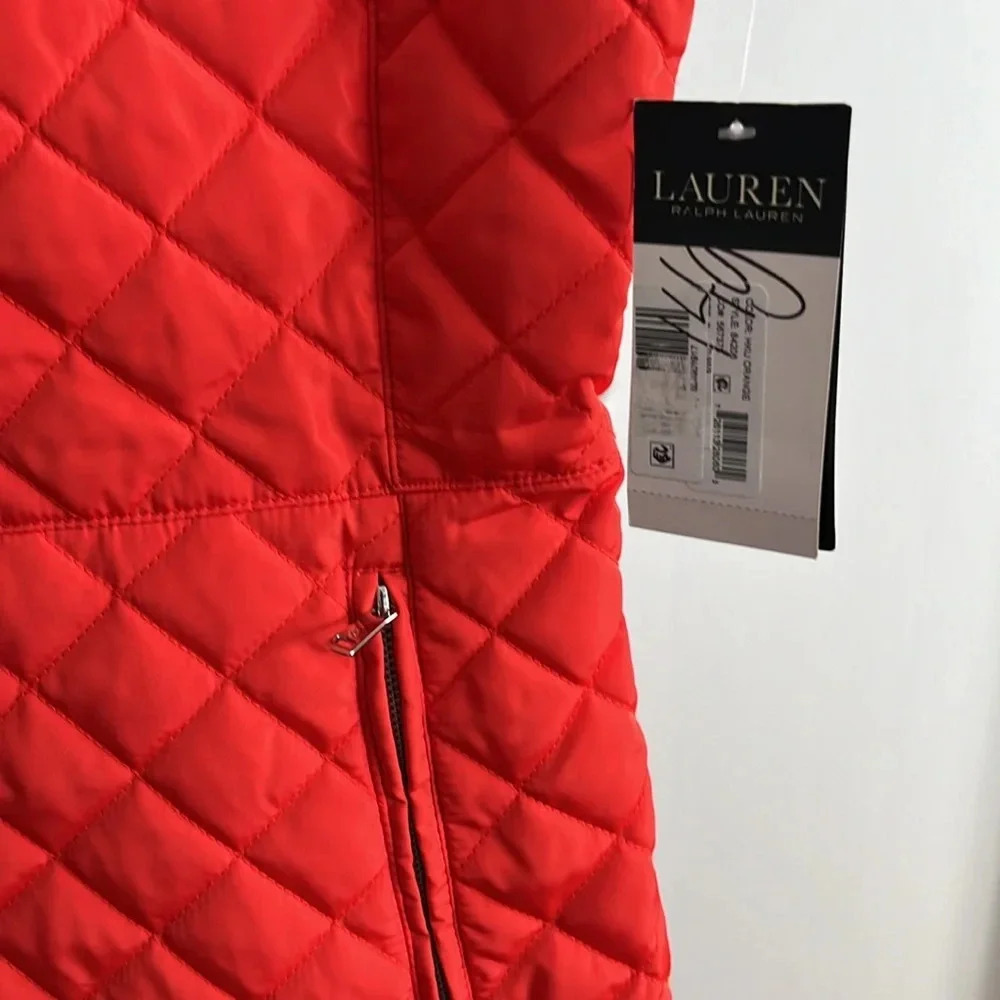 Ralph Lauren Quilted Embroidered Crest Patch Vest Zip Snap Lined Orange Sz S NWT - Picture 12 of 16